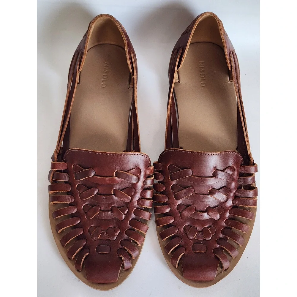 Nisolo Huarache Sandals Brandy Brown Woven Leather Flats Shoes Womens 10